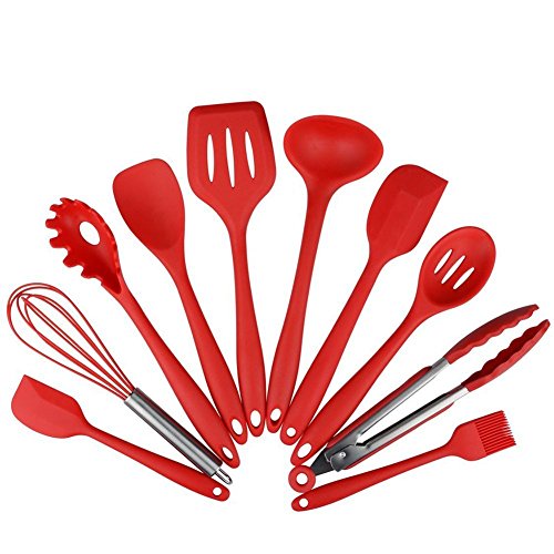 Hepix Silicone Cooking Utensil Classic Heat-Resistant Nonstick Set 10 Pieces (Red)