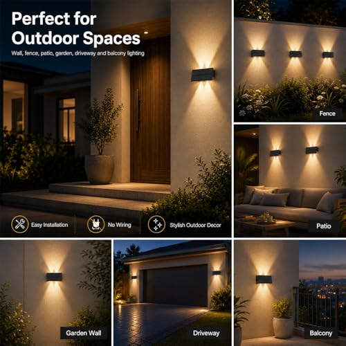 Bigzom Solar Outdoor Up and Down, Solar Lamps for Outdoor Wall 4 LEDs, Warm/Neutral/Cold Light, IP65 Waterproof Solar Lamp for Garden Balcony Terrace Stairs – Pack of 2