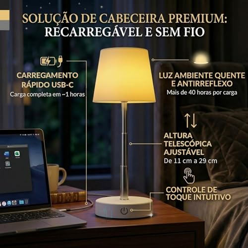 Abajur de Mesa LED Recarregável Luminária Sem Fio Touch 3 Níveis de Brilho Ajustável USB-C Decorativa Quarto Cabeceira Sala Escritório JP Varejo Online