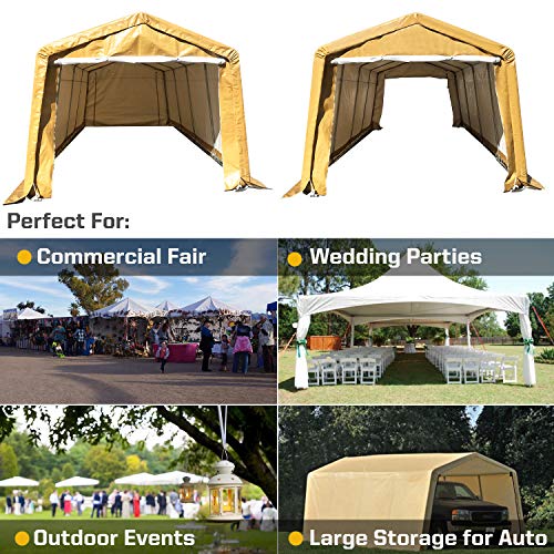kdgarden 10' x 20' Portable Domain Carport Heavy Duty Enclosed Car Canopy Outdoor Instant Garage Tent with Sidewalls for Auto and Boat Storage, Waterproof and UV-Treated, Khaki Peak Top Style