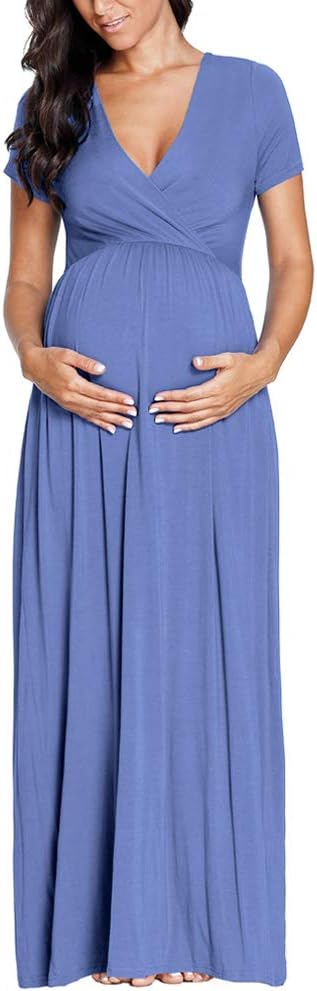 EzTree Women's Maternity Wraped Ruched Maxi Dress Pleated Skirt Empire Waist Dress Baby Shower photoshooting Dress