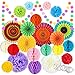 Fiesta Party Decorations 25 Pcs, Mexican Cinco De Mayo Decoration- Rainbow Hanging Paper Fans Tissue Pom Poms Circle Dot Garland Honeycomb Ball, for Birthday Baby Shower Carnival Wedding Bridal