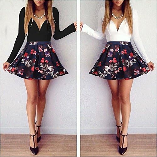 Sexy Womens Low V Neck Long Sleeve Floral Pleated Club Party Mini Dress