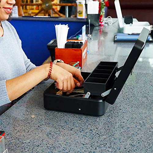 Black Steel Cash Box with Safe Key Lock | Tiered Money Coin Tray and Bill Slots | Portable and Compact | 2 Keys | Metal Lockable Storage Box for Change, Petty Cash, Fundraiser, Garage Sale