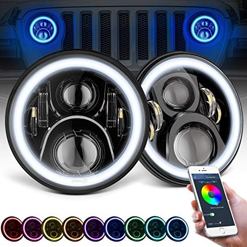 GoodRun Jeep Wrangler Headlights 7 Inches LED RGB Halo Angel Eyes Headlight With Mobile Phone APP Bluetooth Remote Dot Approved For 1997-2017 TJ LJ JK JKU Unlimited Rubicon Sahara (JW-HL02)