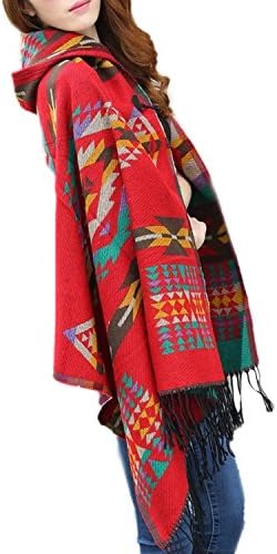 JFDWOPHT Women Boho Hooded Shawl Printed Cape Knitted Tassels Cloak Pashmina Scarf