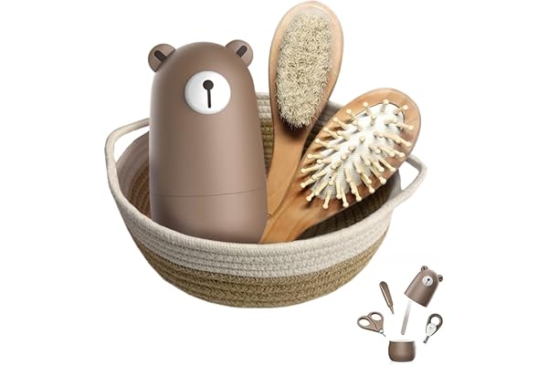 Baby 7 in 1 grooming set, nail scissors, nail file, tweezers, natural wood hair comb, storage basket for children and newborn
