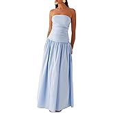 Owl's-Yard Women Tube Top Maxi Dress Off Shoulder Ruched Backless Sleeveless Strapless Dresses Bodycon Bandeau Sundress