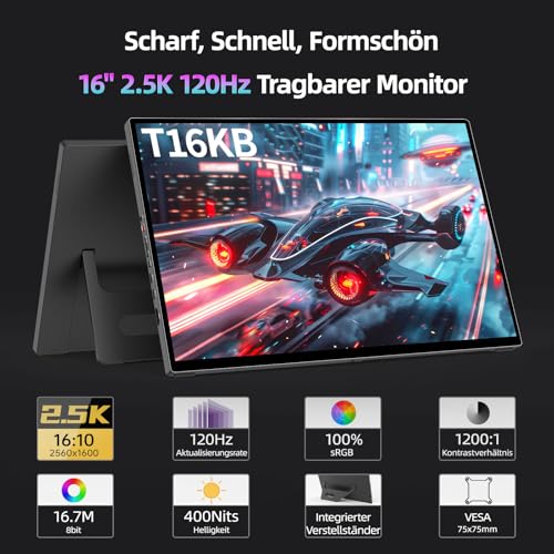 Intehill 16 Inch 2.5K 120Hz Portable Monitor Touch Screen, 16:10 Gold Ratio, 100% sRGB & HDR, Built-in Stand & VESA Compatible, 2X USB-C & HDMI, for Work/Games/Travel - T16KB (Black)