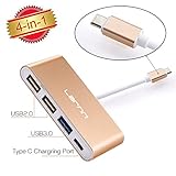 Larnn USB-C 3.0 Type c Adapter Multiport Converter for New MacBook 2015/2016, ChromeBook Pixel Devices Nokia N1,Nexus 6/6p and Other Type-C HUB Devices,USB C Charging Port and 3 USB A Ports (Gold)