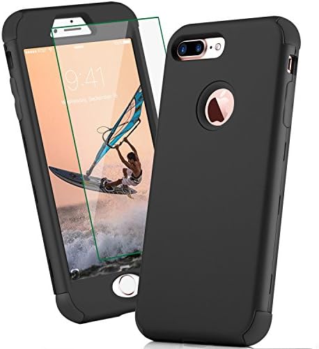 DUDETOP Compatible for iPhone 7 Plus Case,3-in-1 Anti-Scratch Full-Body Protective Back Cover Easy Grip Design with Tempered Glass Screen Protector for Apple iPhone 7 Plus (5.5) - (Black)