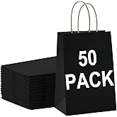 BAG BOX 50 Pack Small 5.9x3.1x8.25 Inch Black Kraft Paper Gift Bags with Handles for Bulk Shopping, Retail, Craft, Party Favors, Wedding, Grocery & Sacks