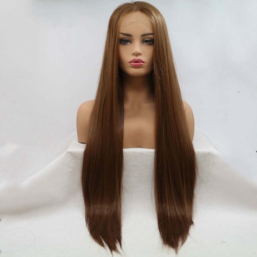Xiweiya Brown Straight Long Hair Synthetic Lace Front Brown Wigs For Women Middle Parting Heat Resistant Fiber Hair Wigs Natural Hairline Glueless hair Soft Lace