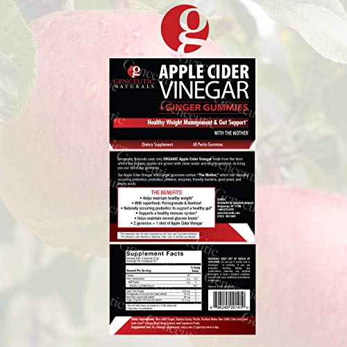 Genceutic Naturals – Apple Cider Vinegar with Ginger Gummies Healthy Weight Management, with The Mother, Dietary Supplement, Supports Healthy Gut, Digestion, Detox, Cleanse, Pectin Gummies