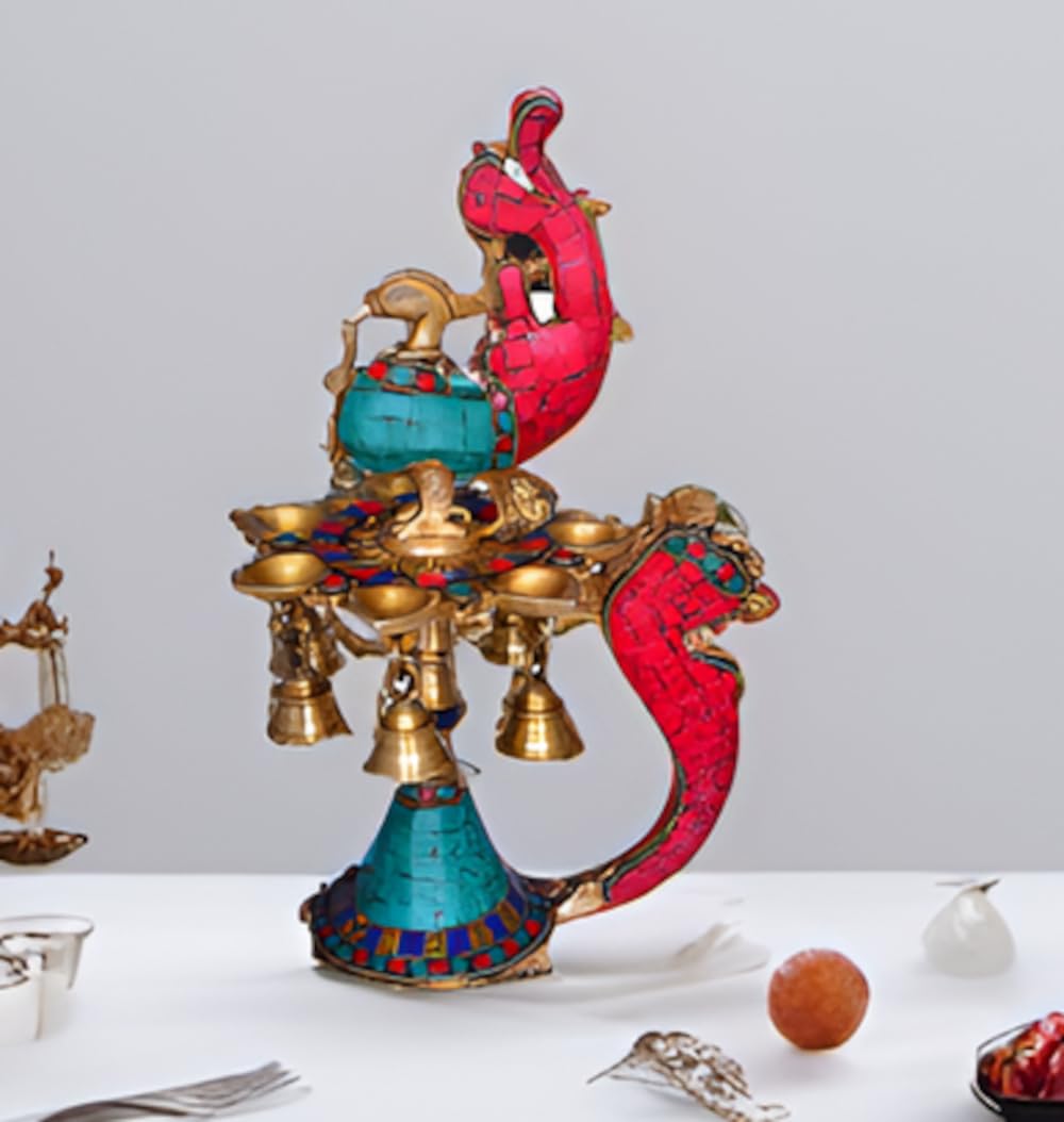 Purpledip Brass Deepak/Diya Kuthu Vilakku: Peacock Design With Magnificent Gemstones; Indian Religious Gift (11315)
