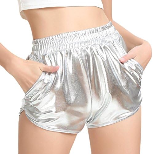 ESAILQ Shorts Women High Waist Yoga Sport Pants Shiny Metallic Leggings Fashion