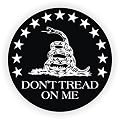 Gadsden Flag Don't Tread On Me Round - Full Color Printed - (size: 2" ROUND color: BLACK/WHITE) - Hard Hat, Helmet, Windows, Walls, Bumpers, Laptop, Lockers, etc.