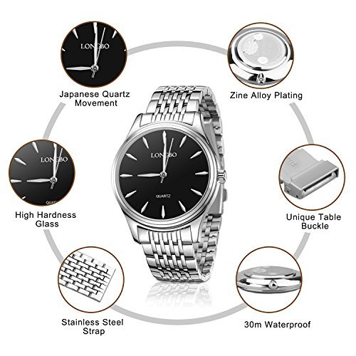 LONGBO Men\'s Women Watches Silver Stainless Steel Band Business Casual Waterproof Analogue Quartz Wristwatch Black Dial Couple Dress Watch (M, Silver-Black)