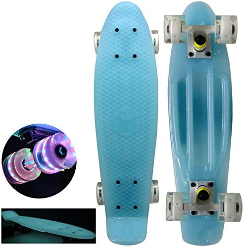 22" Mini Retro Cruiser Skateboard - "Blue" Glow in the Dark with Fun LED Light Wheels - Complete Board, Same Day Handling