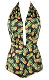 Cocoship Black & Pineapple Print Retro One Piece Backless Bather Swimsuit Pin Up Swimwear Maillot XXXL(FBA)