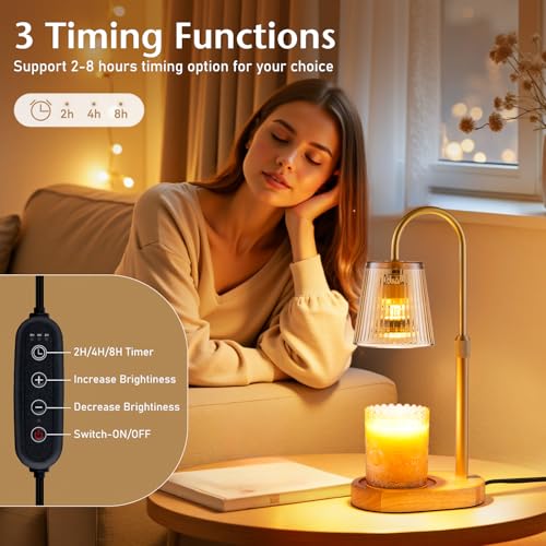Candle Warmer Lamp with Timer - Electric Wax Melter Flameless Burner Heater | Adjustable Height and Brightness Jar Candles Lamps Suitable Various Holiday Warming Gifts with Gifts for Women with 2 Bulbs