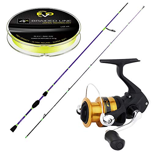 Angelset Trout Area bestehend aus Angelrute Evo Purple 0,5 – 5 g + Angelrolle Shimano FX 2000 + Geflecht Evo Braid 4 x…