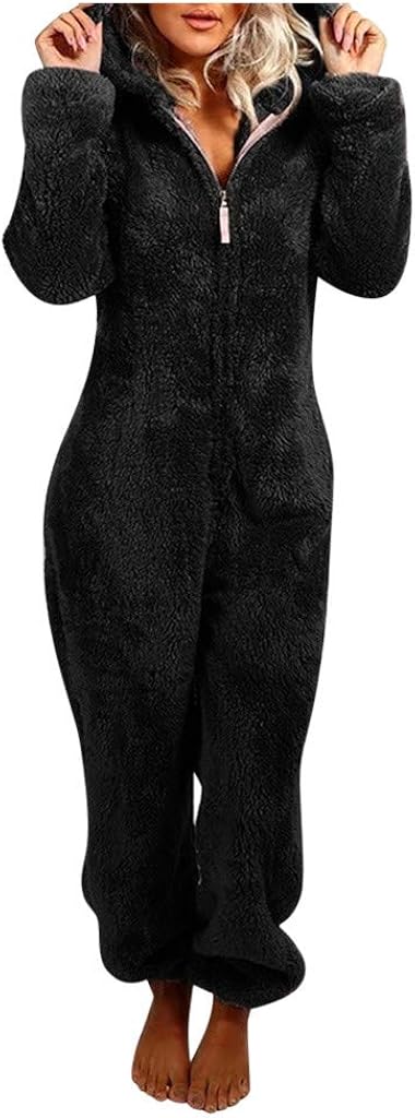 VEKDONE Women Winter Warm Sherpa Romper Fleece Onesie Pajama One Piece Zipper Hooded Jumpsuit Sleepwear Playsuit at  Women’s Clothing store