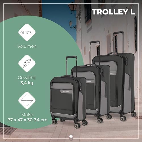 4-Rad Koffer Set Weichschale aus recyceltem Material, Größen L/M/S + Reisetasche, Gepäck Serie VIIA: Trolley Set mit Handgepäck im IATA Bordgepäck Maß