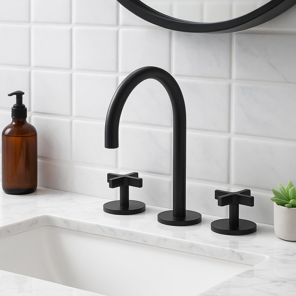 Photo 1 of Matte Black Bathroom Faucet, Indare 8-inch Brass Widespread Faucet for Bathroom Sink 3 Holes with Pop-up Drain Assembly and Supply Lines Preassembled, 110101-PB