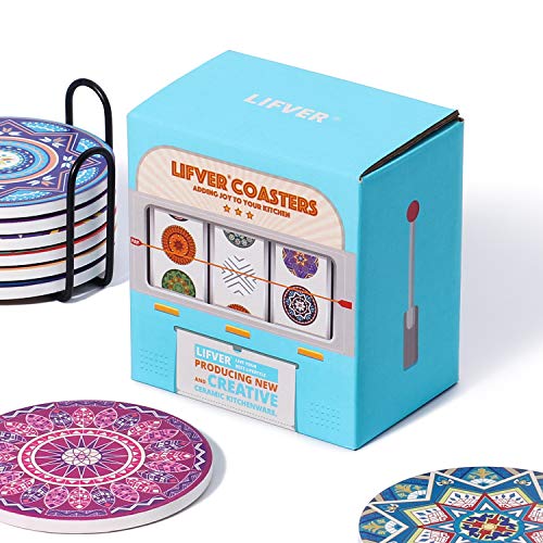 image for LIFVER 8 Packs Absorbent Drink Coaster Sets, Mandala Style Ceramic Sto
