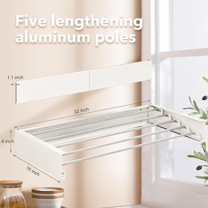 Wall Mounted Drying Rack, Laundry Clothes Drying Racks Foldable, Collapsible Drying Rack Clothing Wall Mount, Wall Template for Indoor Outdoor Hanging Clothes, 5 Rods, 31.5 Inch