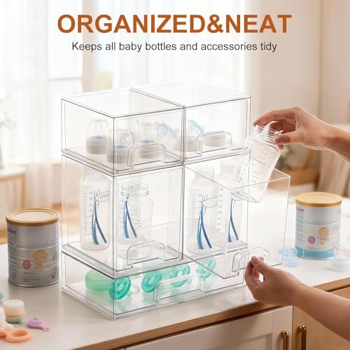 GOGOBAO Baby Bottle Organizer - 5 Pack Stackable Clear Drawers with Labels, Baby Storage Solution Container for Countertop, Cabinet, Bathroom, Pantry, Vanity