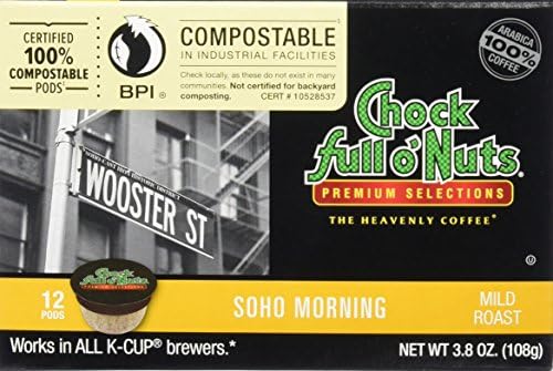 Chock Full o'Nuts Soho Side Morning Mild Roast, K-Cup Compatible Pods (72 Count) - Arabica Coffee in Eco-Friendly Keurig-Compatible Single Serve Cups