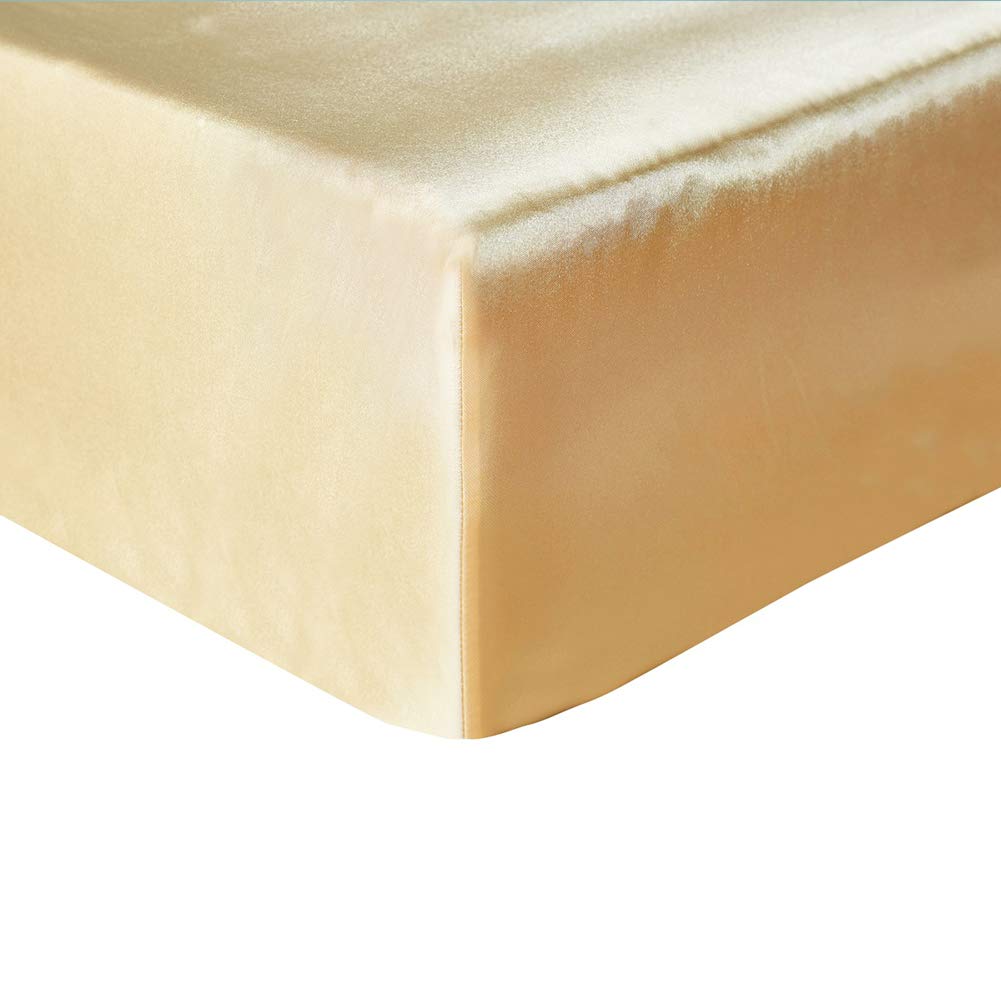 Hotniu 1 piece Satin Silk Fitted Sheet, Plain Dyed Bedding, Silk Bed Sheet Anti Slip Satin Wrinkle & Fade (Double, Golden)