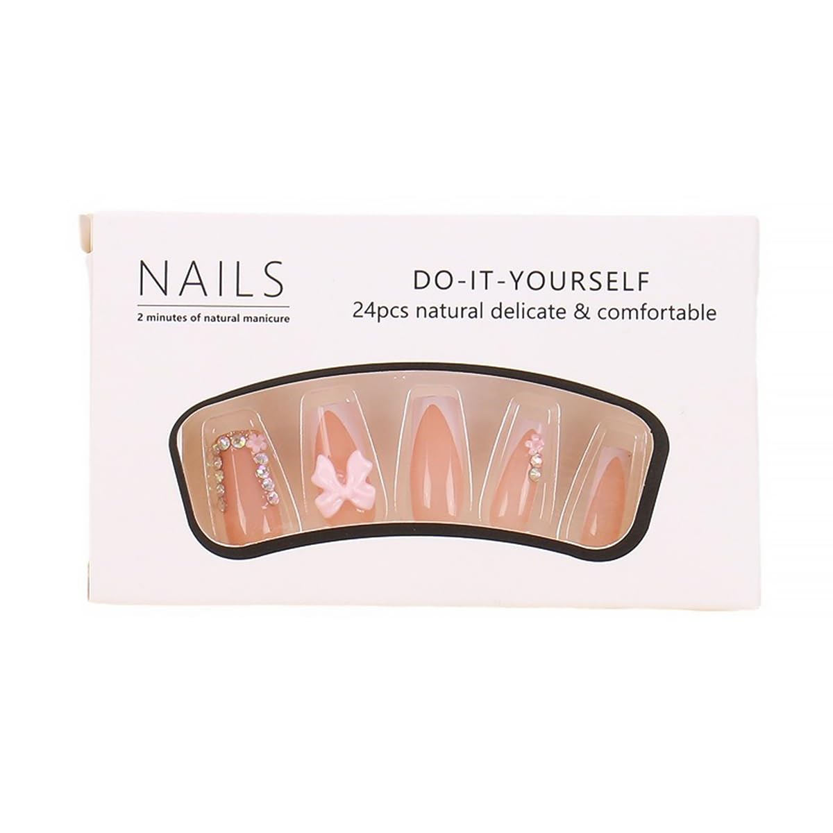 24pcs White French Tip Press on Nails Short Square Fake Nails Rhinestones Full Cover Tip Glitter Stick on Nails Pink Flower Designs Glue on Nails Bow False Nails for Women Girls Acrylic Nails - Image 4