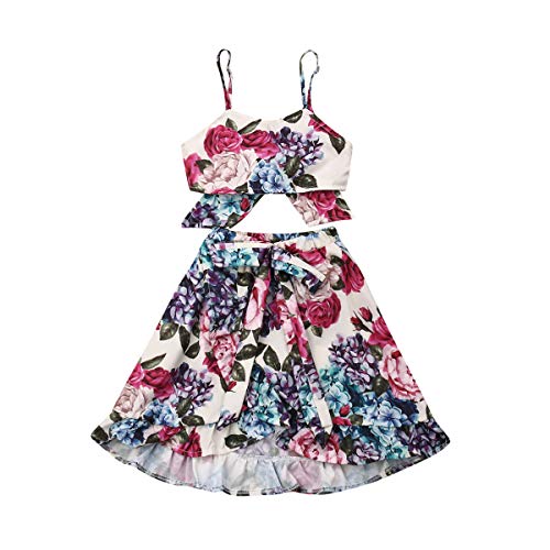 Toddler Baby Girls Ruffle Strap Top+Boho Floral Skirt Summer Outfit Clothes Two Piece Set (Full Floral-Hydrangea&Rose, 1-2T)