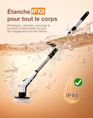 Electric Cleaning Brush with 9 Heads, 3 Adjustable Speed, Extendable Handle, with LED Light, IPX8 Waterproof, Rotating Brush for Bathroom, Kitchen, Floors and Car