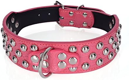 Rachel Pet Products 3 Rows Silver Rivets Studded Genuine Leather Dog Collars for Medium/Large Dogs, Pink,XS
