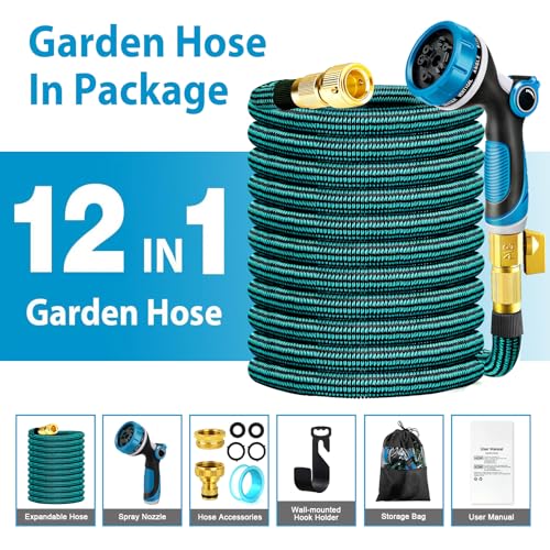 Garden Water Hose, Extendable Garden Hose with Brass Connector 3/4 Inch and 1/2 Inch, Garden Water Hose with 10 Functions Sprayer Nozzle, 30 m Rubber for Watering, Irrigation Hose (30 m)
