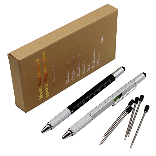 2PCS PACK 6 in 1 Screwdriver Tool Pen - Mini Multifunction Pen with Stylus, Flat and Phillips Screwdriver Bit, Bubble Level and inch cm Ruler all in one (Black and Silver) - Thumbnail 5