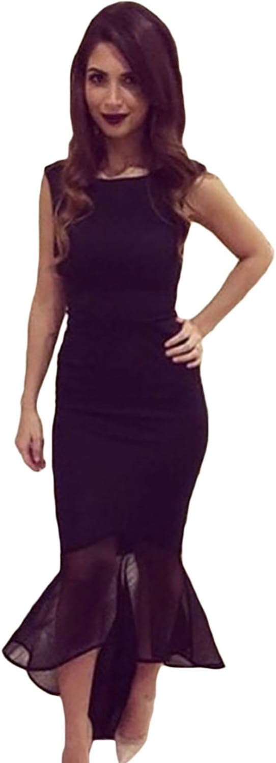 Mxtoppy Women Sexy Night Clubwear Evening Party Midi Dress Slim Waist Mesh Mermaid Black (L)