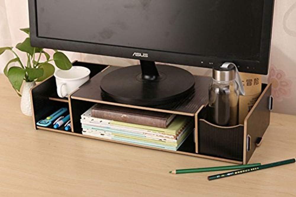 Office Desktop Monitor Stand Multi-Functional Wooden Desk Tidy Organiser Laptop Computer Screen Riser Shelf Expandable Pen Pot Pencil Holder Stationery Storage Box for Home Office Supplies (Black)