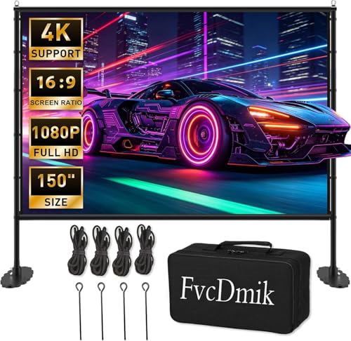 FvcDmik 150 inch Projector Screen with Stand, 16:9 4K HD Portable Outdoor Movie Screen, Wrinkle-Free Foldable Indoor Projection Screen with Carry Bag & Ground Nails (150)