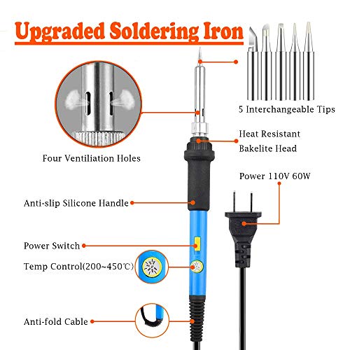 Soldering Iron Kit with Digital Multimeter, Toolour 28-in-1 Soldering Kit Electronics 60w Adjustable Temperature Soldering Iron with ON/OFF Switch, 5 Iron Tips, Solder Wire, Desoldering Pump, Stand