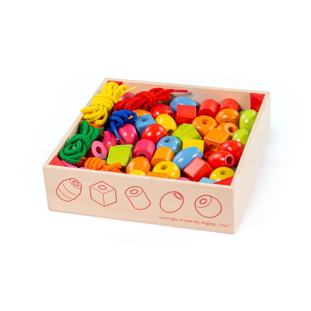 Bigjigs Toys, Crate of Lacing Beads, Wooden Colourful Lacing Threading Toys, For 3 Year Olds, Fine Motor Skills, Comes in a wooden crate
