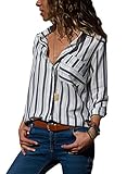 HOTAPEI Womens Casual V Neck Striped Chiffon Blouses Long Sleeve Button Down Shirts Tops with Front Pockets