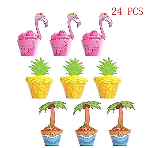Ehdching Pack of 24 Flamingo Pineapple Palm Party Supplies Cupcakes Toppers Wrappers Food Picks Party Cocktail Tropical Cupcake Picks Decoration