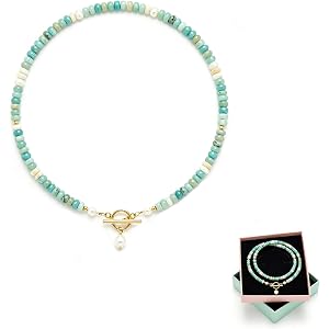 Elova Jewelry Turquoise Bead Pearl Beaded Necklace, Dainty Handmade Necklace