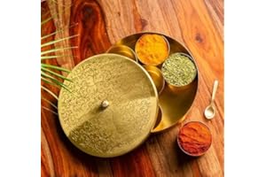EthenicIndian Handcrafted Brass Spice Box – Round Masala Dabba with Embossed Lid, 7 Removable Containers, Designer Spoon, Dec