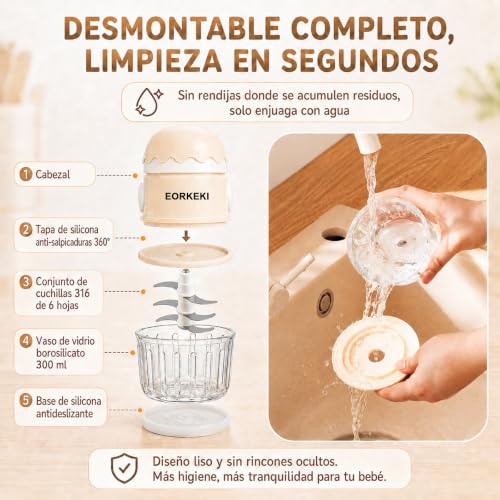 Licuadora para Papillas de Bebe, Procesador de Alimentos, Vidrio de Borosilicato Alto de Grado Alimentario, Cuchillas de Acero 316 de Grado Médico, Sin BPA, para Frutas Frescas, Verduras y Carne